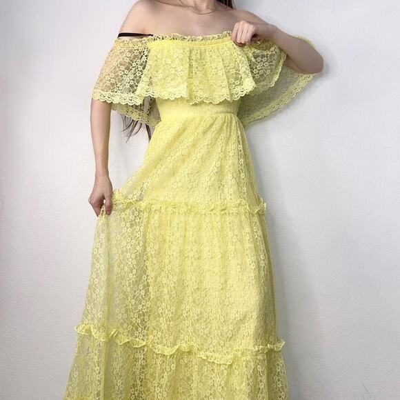 Vintage 70s Yellow Lace Ruffle Maxi Dress Cottagecore Coquette - Picture 1 of 8